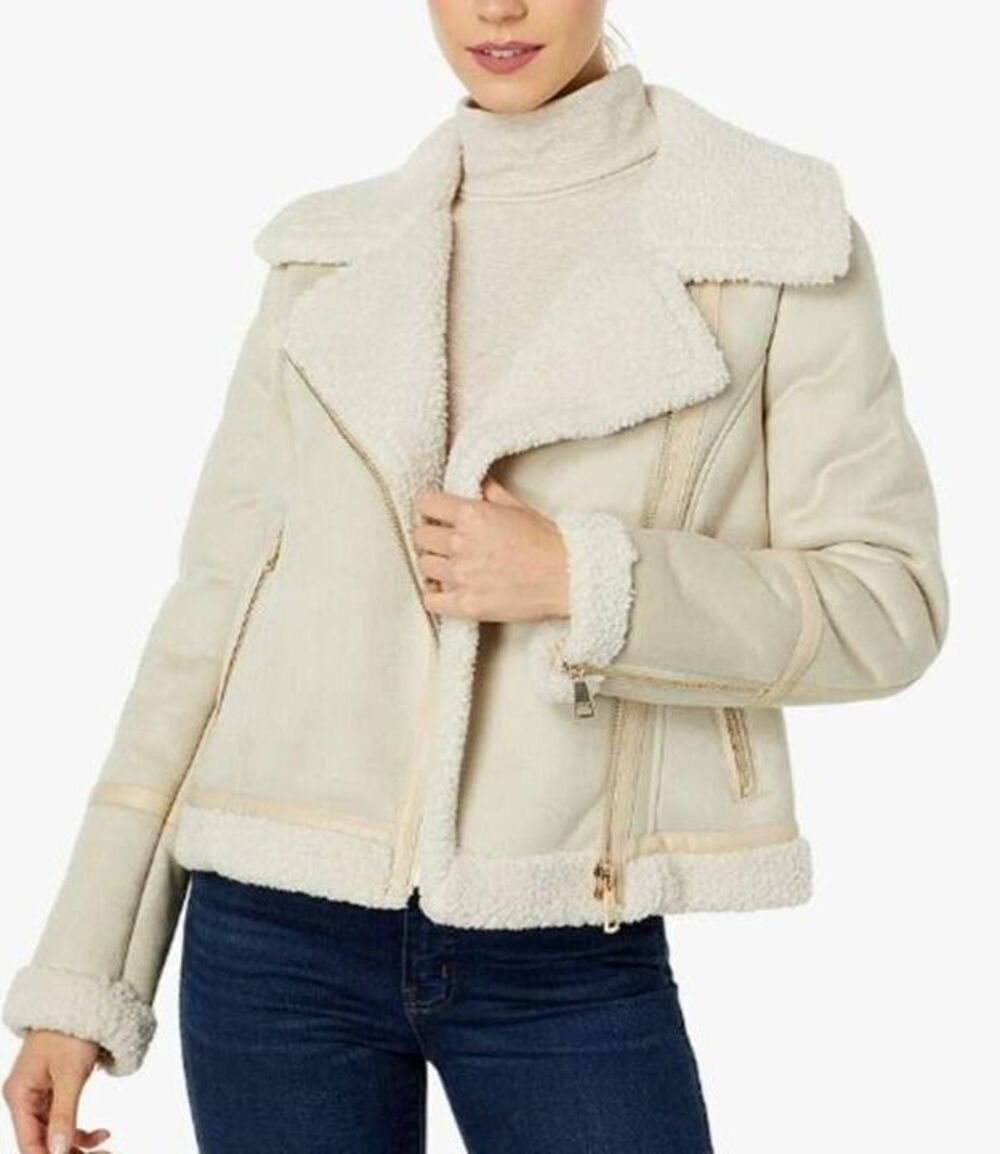 Calvin Klein Women's Aviator Jacket Faux Shearling Wide Collar Full Zip Coat